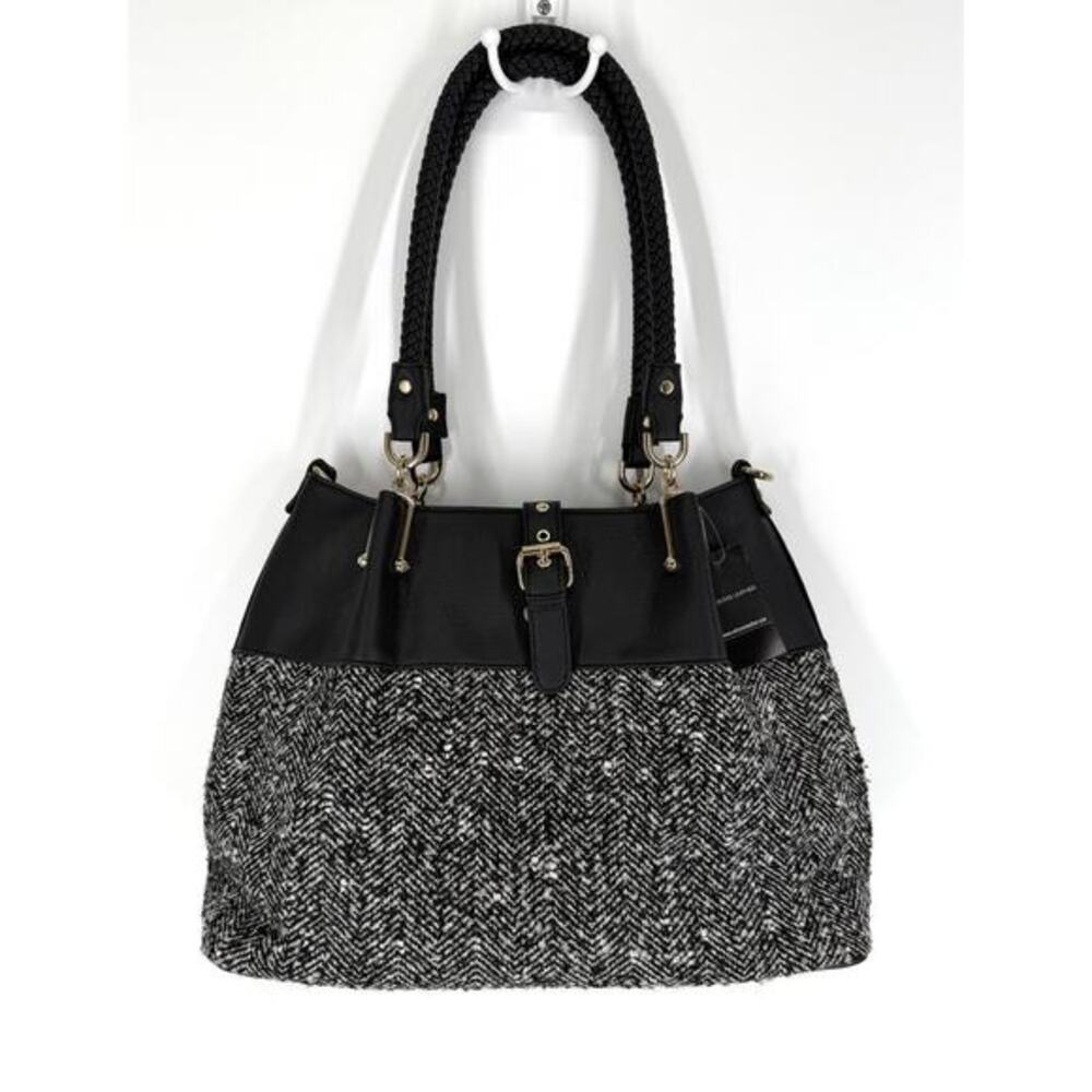 Black Rivet by Wilson's Leather Tweed & Leather Shoulder Bag Carry All Purse New